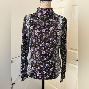 Forever 21 F21 mixed floral pattern ditsy Purple mesh sheer shirt XL 1X